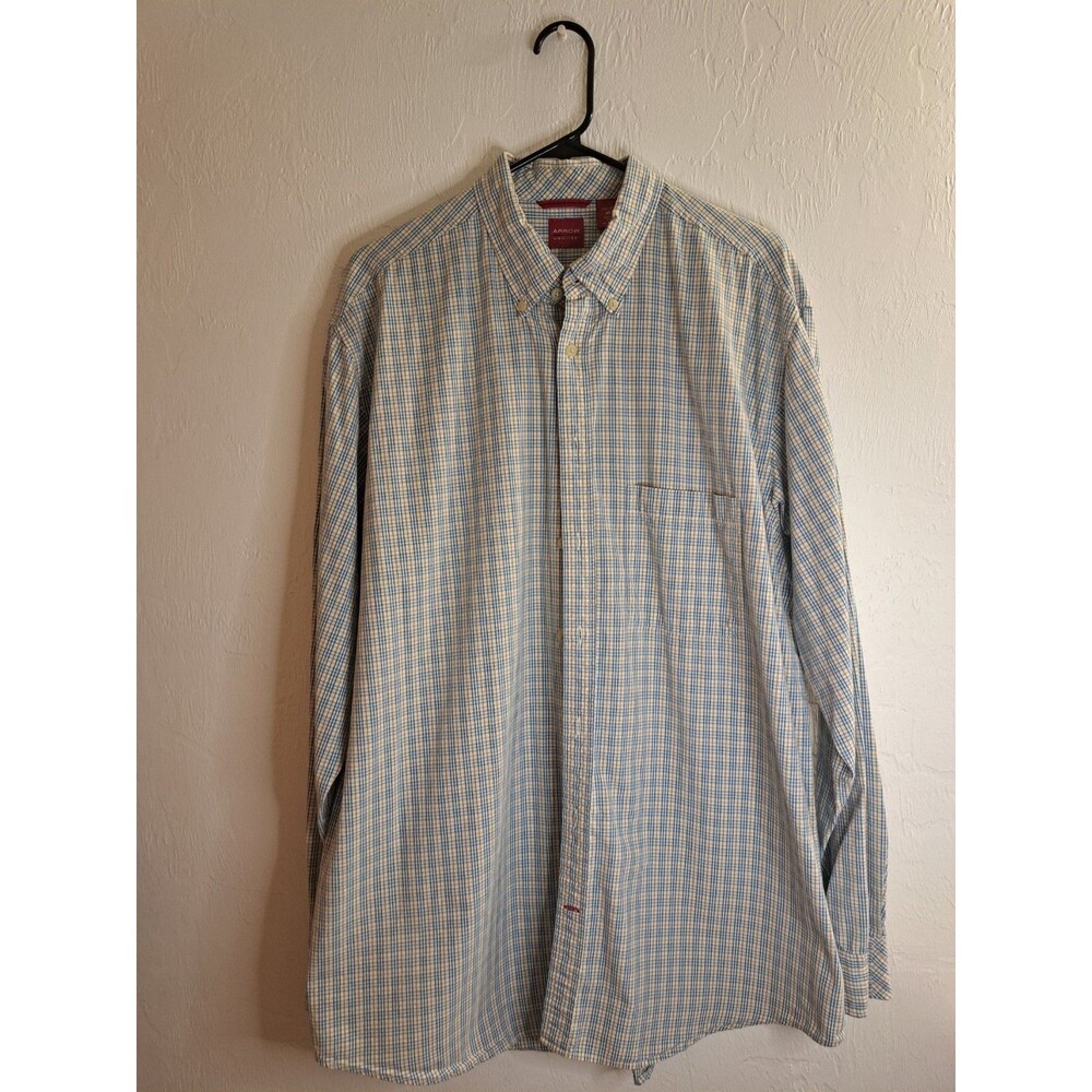 Arrow Men Plaid XLT Button-Up LS Cotton Shirt US Made Business Casual Minimalist